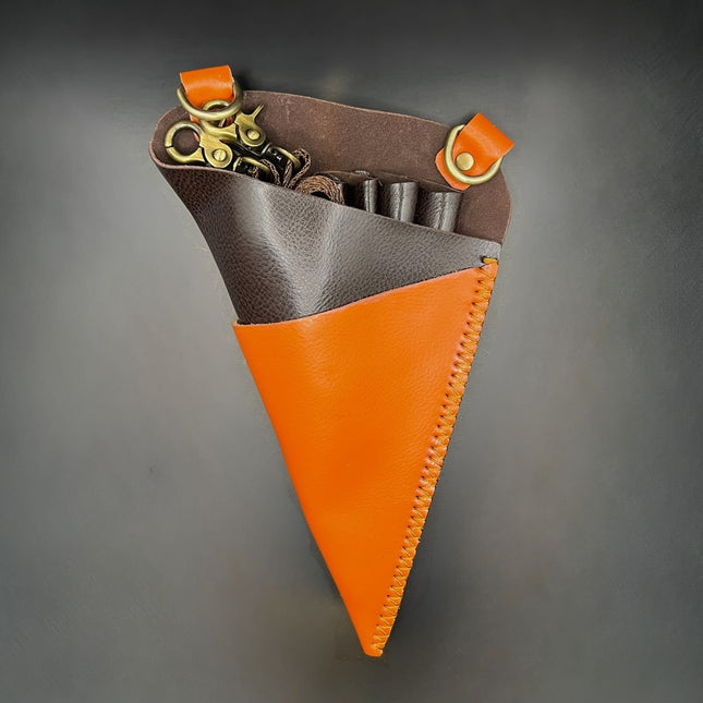 Premium Orange & Brown Leather Scissor Holster - 5 Pocket Professional Belt - Japan Scissors